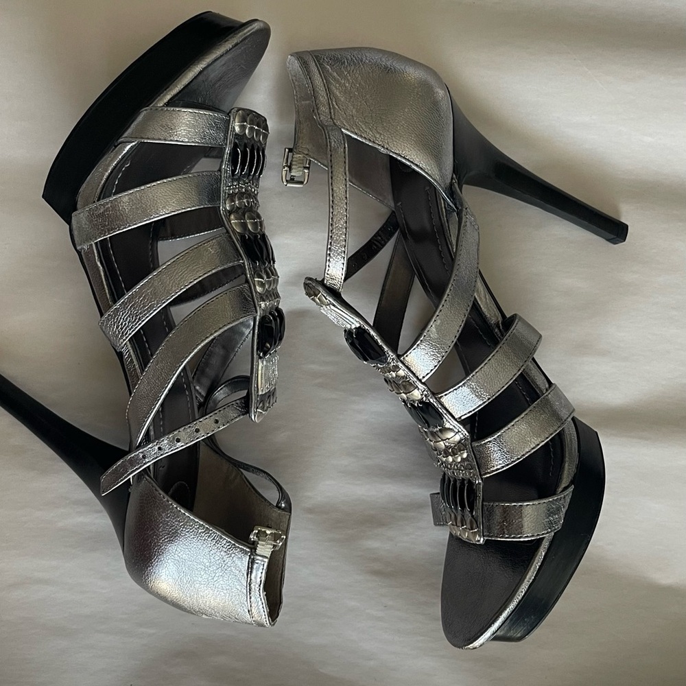 BCBGeneration Metallic Silver Strappy Heels
